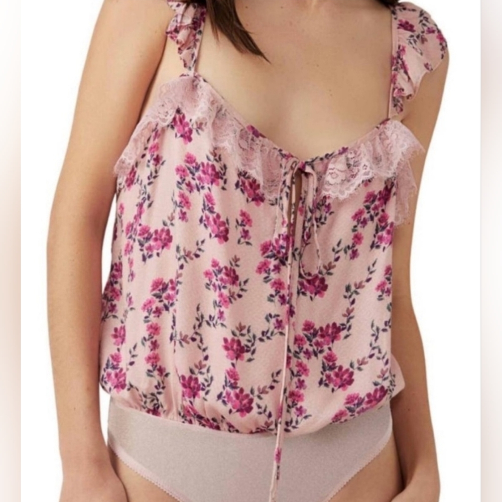 Free People Intimately "Take It Away" Pink Floral Ruffled Tie Front Bodysuit - Picture 8 of 14